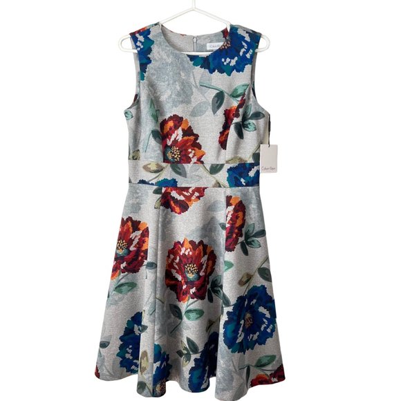 New! CALVIN KLEIN Brocade Floral Fit & Flare Grey Dress, Size 4 - Picture 7 of 14